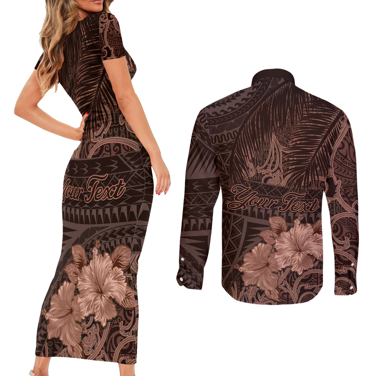 Bula Fiji Masi Couples Matching Short Sleeve Bodycon Dress and Long Sleeve Button Shirt Fijian Tapa Vintage Dark Brown Version LT01 - Polynesian Pride