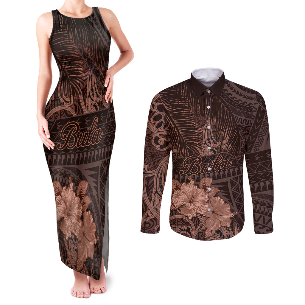 Bula Fiji Masi Couples Matching Tank Maxi Dress and Long Sleeve Button Shirt Fijian Tapa Vintage Dark Brown Version LT01 Brown - Polynesian Pride