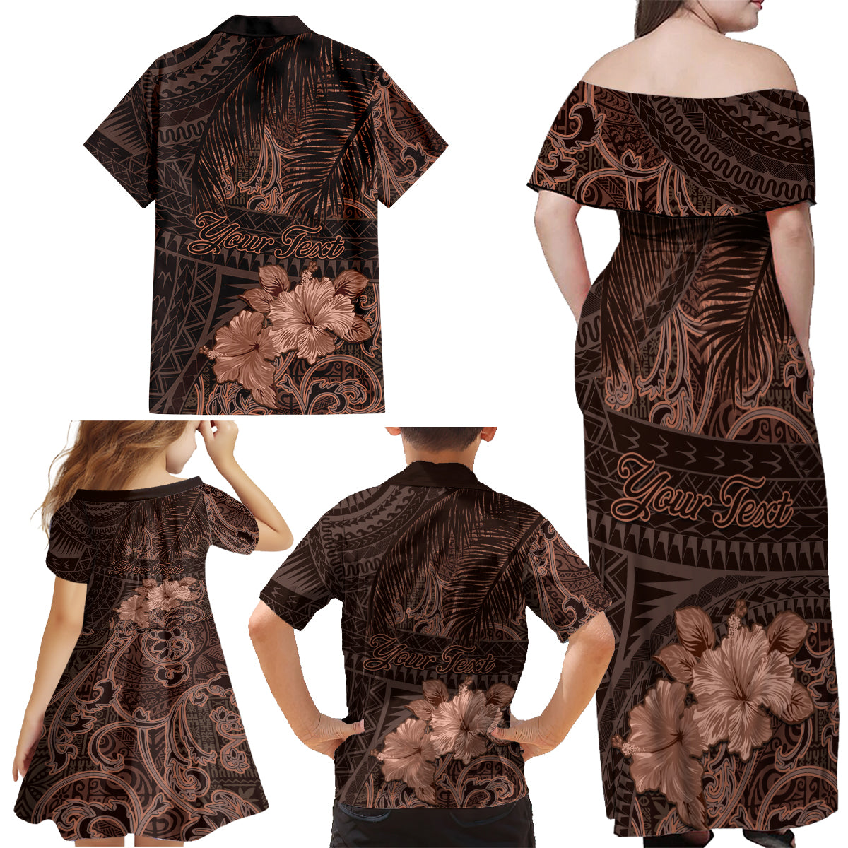 Bula Fiji Masi Family Matching Off Shoulder Maxi Dress and Hawaiian Shirt Fijian Tapa Vintage Dark Brown Version LT01 - Polynesian Pride