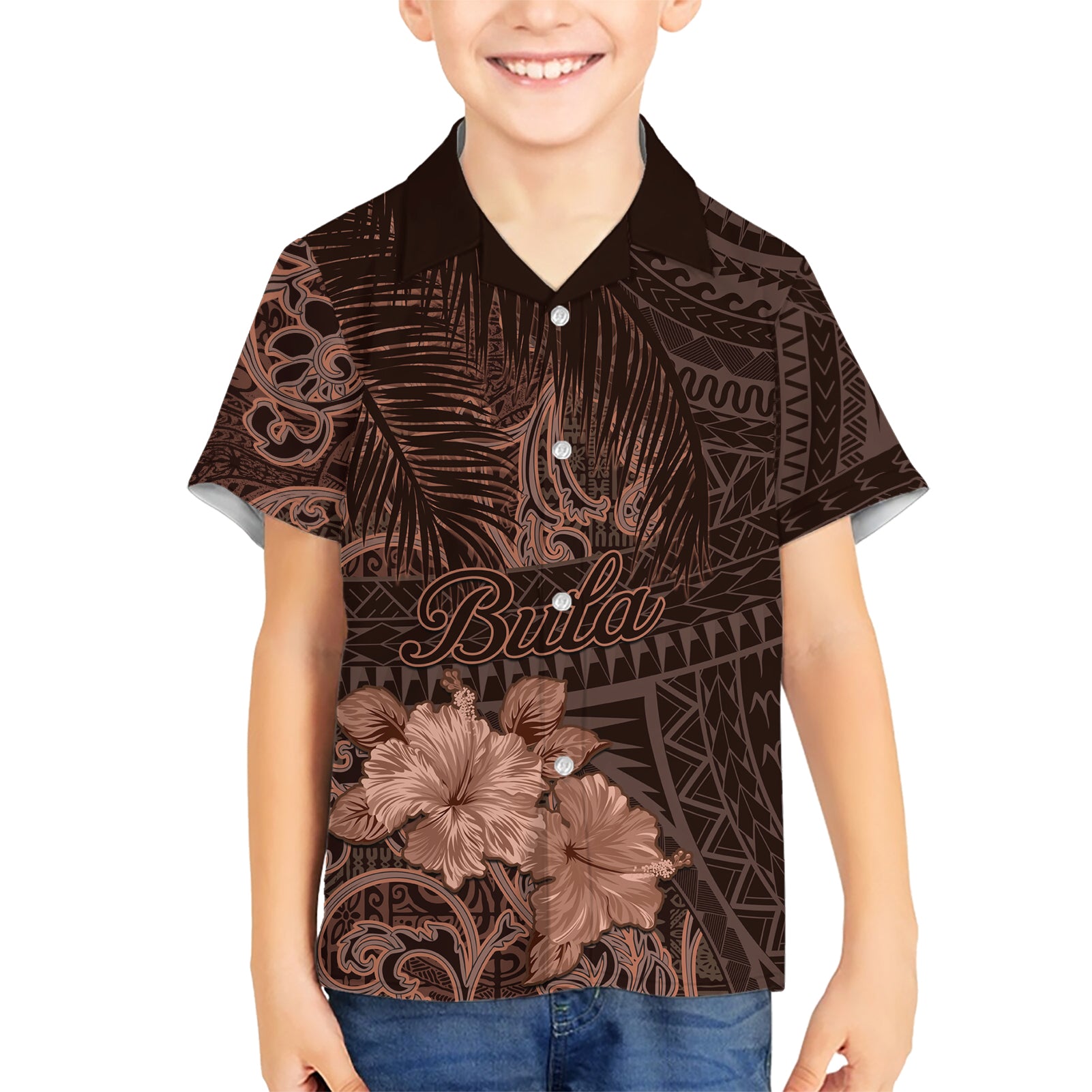 Bula Fiji Masi Kid Hawaiian Shirt Fijian Tapa Vintage Dark Brown Version LT01 Kid Brown - Polynesian Pride