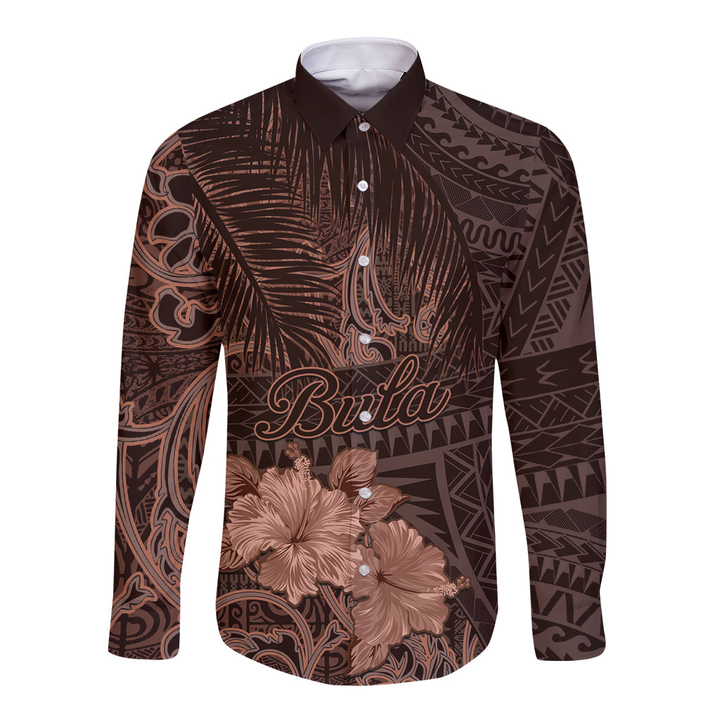 Bula Fiji Masi Long Sleeve Button Shirt Fijian Tapa Vintage Dark Brown Version LT01 Unisex Brown - Polynesian Pride