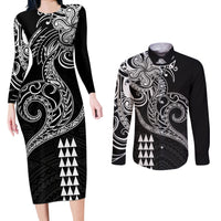 Hawaii Valentine Couples Matching Long Sleeve Bodycon Dress and Long Sleeve Button Shirt Kakau Polynesian Heart LT01 Black - Polynesian Pride