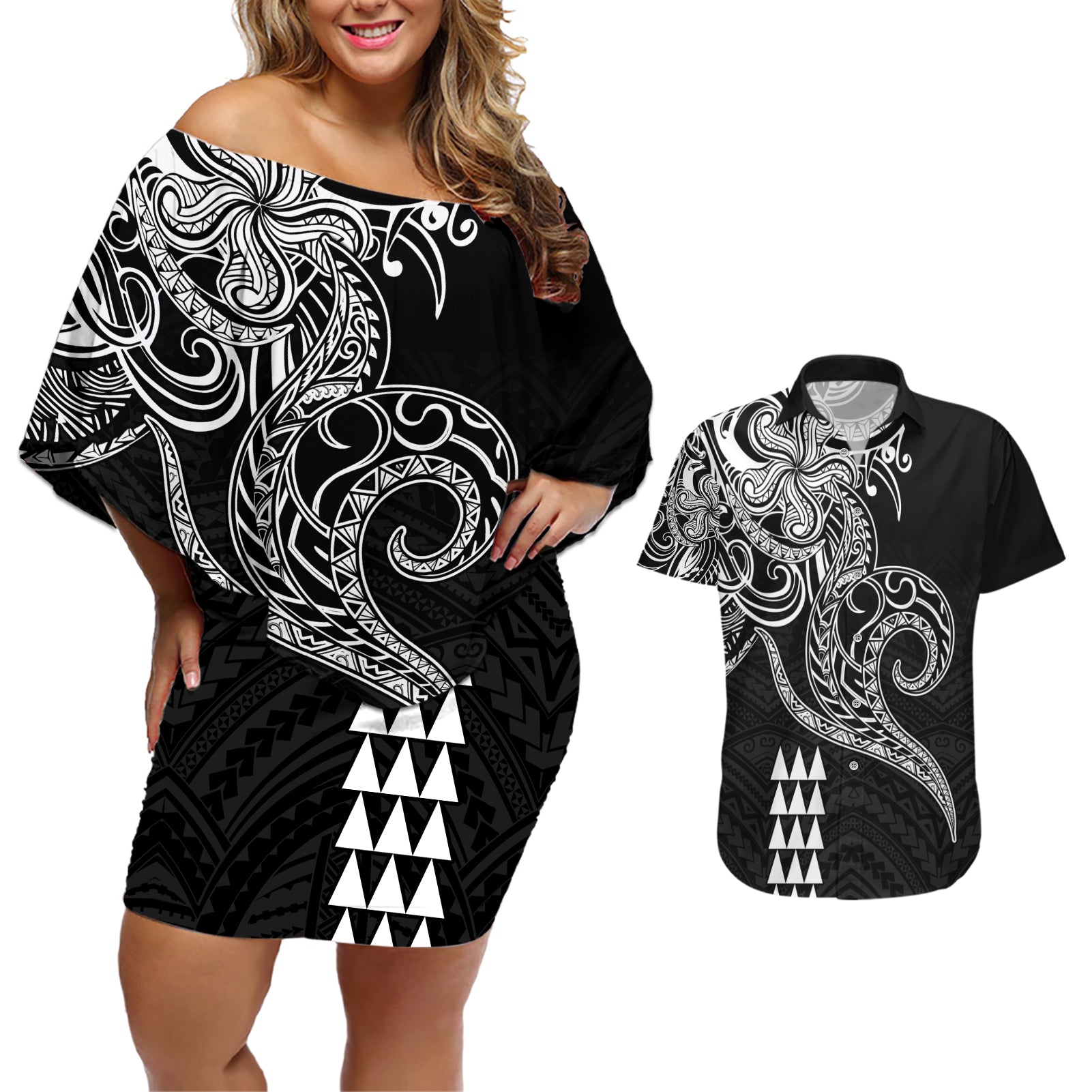 Hawaii Valentine Couples Matching Off Shoulder Short Dress and Hawaiian Shirt Kakau Polynesian Heart LT01 Black - Polynesian Pride