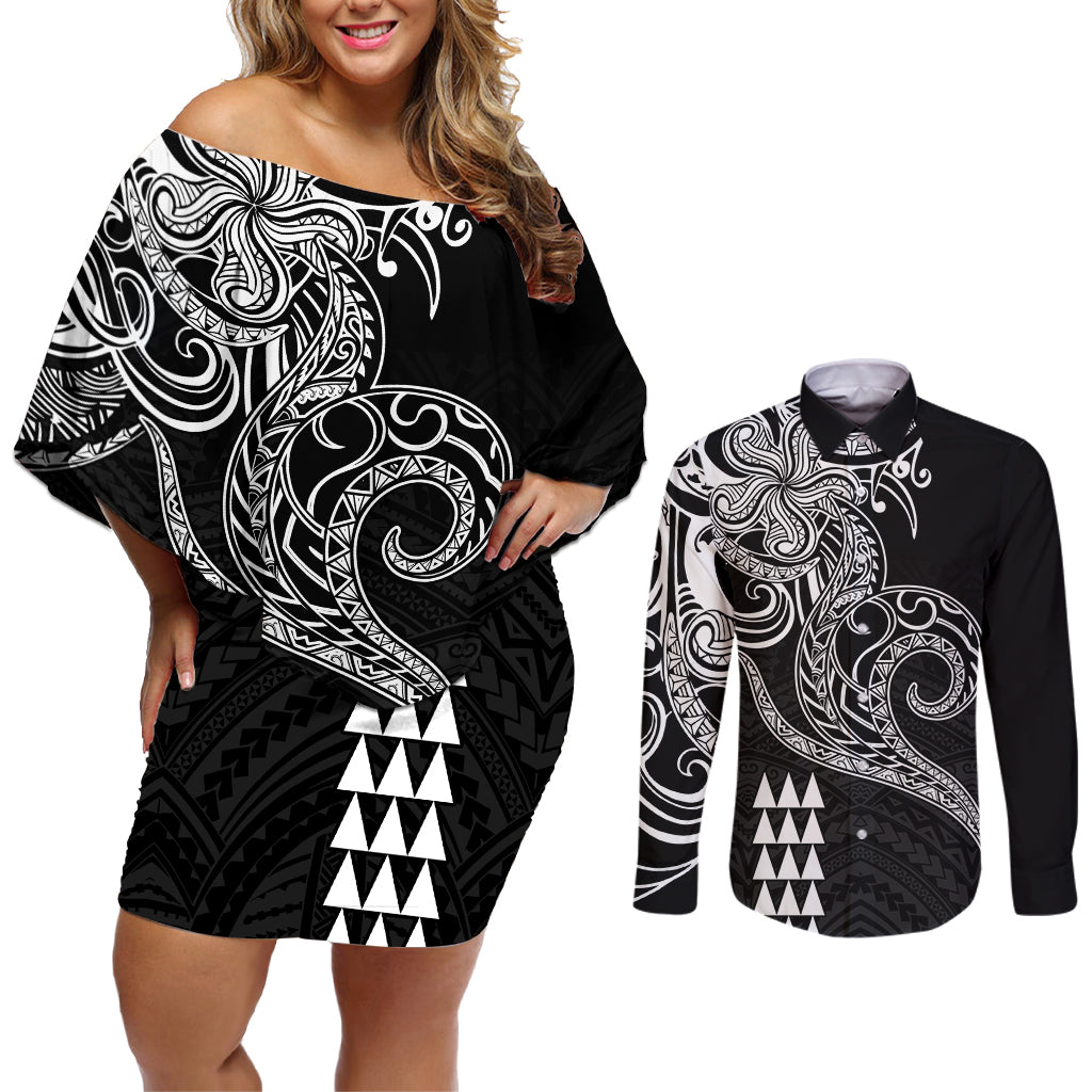 Hawaii Valentine Couples Matching Off Shoulder Short Dress and Long Sleeve Button Shirt Kakau Polynesian Heart LT01 Black - Polynesian Pride