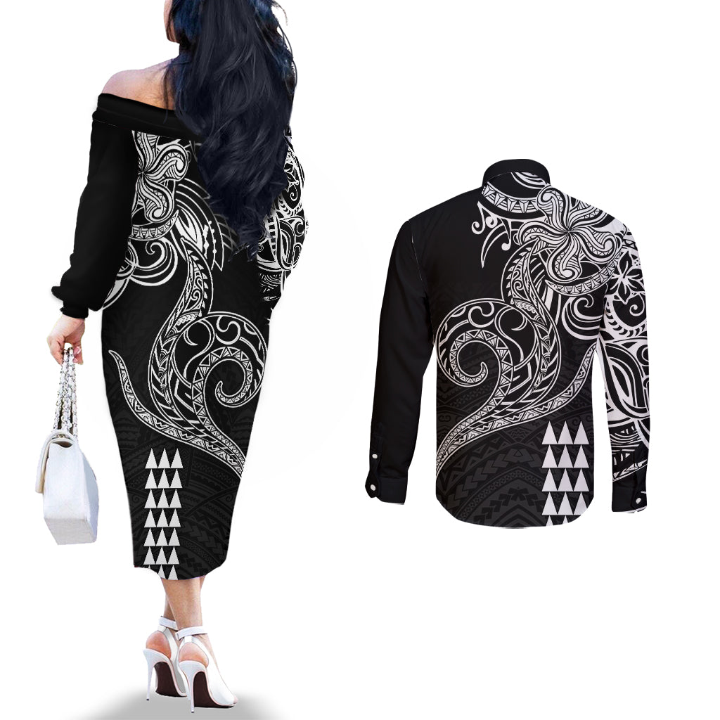 Hawaii Valentine Couples Matching Off The Shoulder Long Sleeve Dress and Long Sleeve Button Shirt Kakau Polynesian Heart LT01 - Polynesian Pride