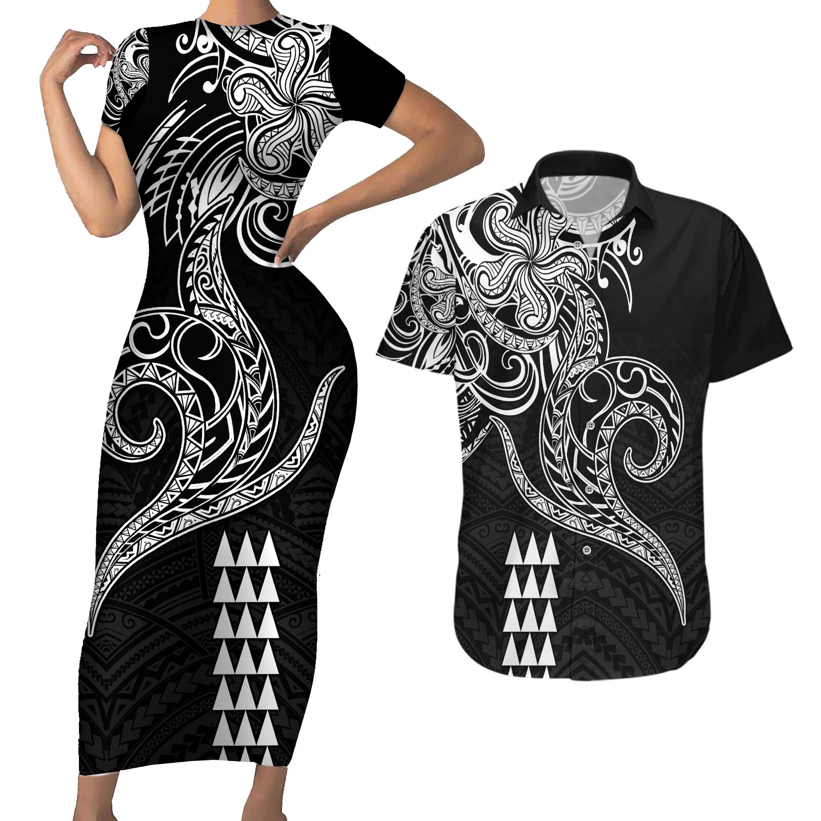 Hawaii Valentine Couples Matching Short Sleeve Bodycon Dress and Hawaiian Shirt Kakau Polynesian Heart LT01 Black - Polynesian Pride