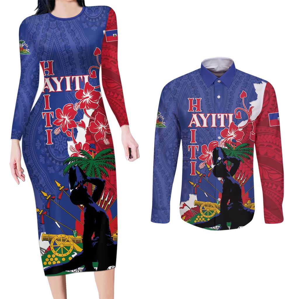 Personalised Haiti Le Marron Inconnu Couples Matching Long Sleeve Bodycon Dress and Long Sleeve Button Shirt Dashiki Mix Polynesian Pattern