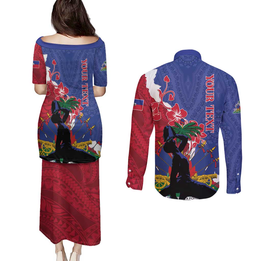 Personalised Haiti Le Marron Inconnu Couples Matching Puletasi and Long Sleeve Button Shirt Dashiki Mix Polynesian Pattern