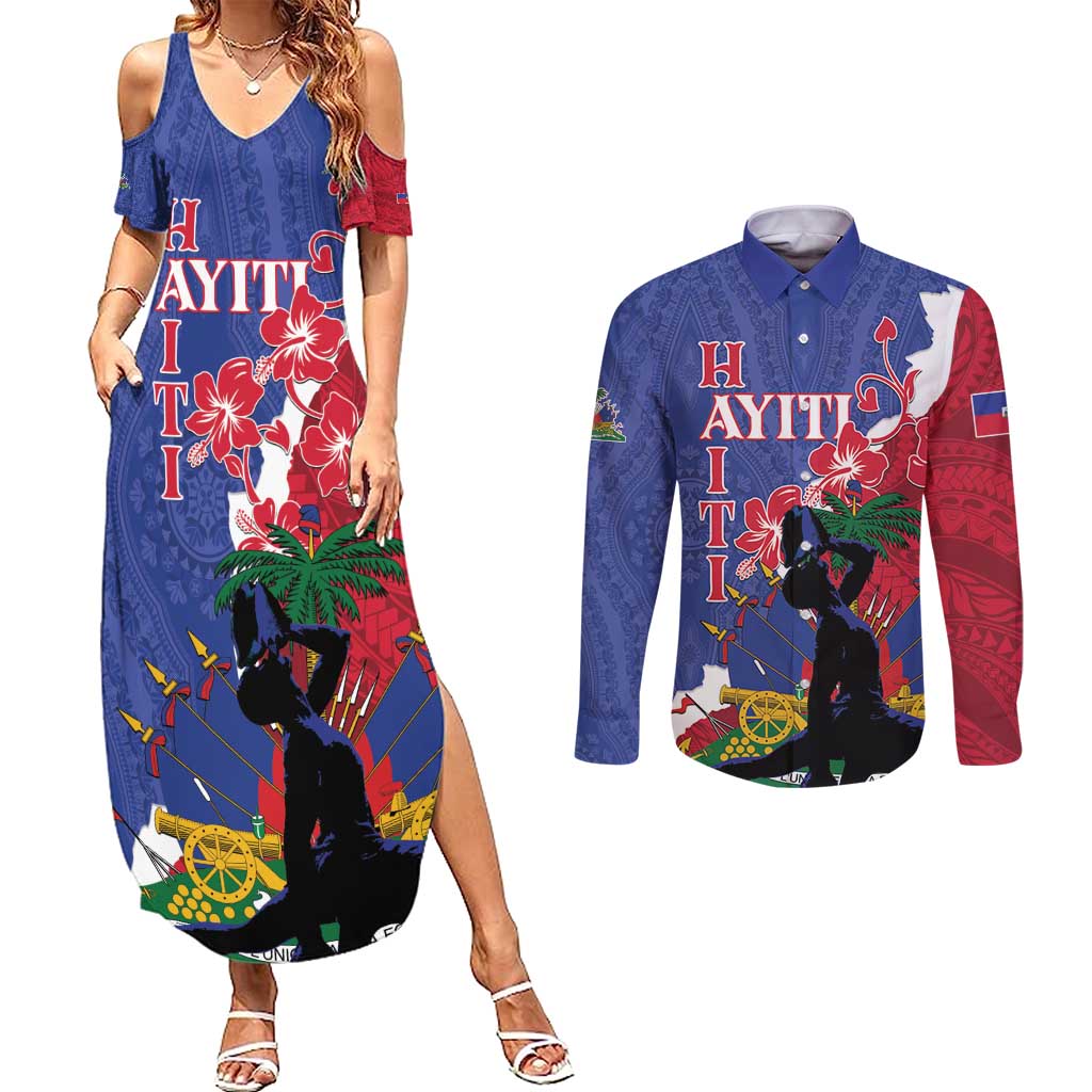 Personalised Haiti Le Marron Inconnu Couples Matching Summer Maxi Dress and Long Sleeve Button Shirt Dashiki Mix Polynesian Pattern