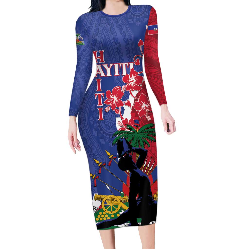 Personalised Haiti Le Marron Inconnu Family Matching Long Sleeve Bodycon Dress and Hawaiian Shirt Dashiki Mix Polynesian Pattern LT01 Mom's Dress Blue - Polynesian Pride