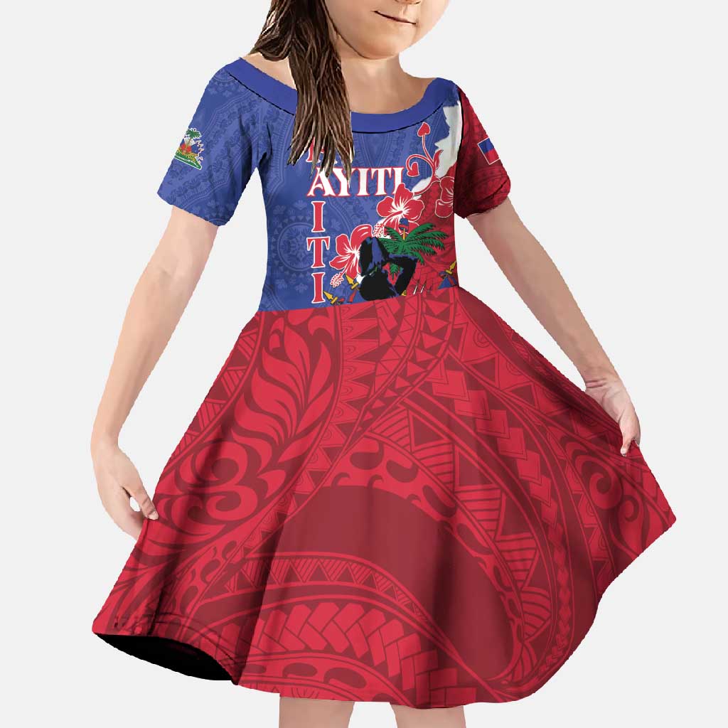 Personalised Haiti Le Marron Inconnu Family Matching Short Sleeve Bodycon Dress and Hawaiian Shirt Dashiki Mix Polynesian Pattern LT01 Daughter's Dress Blue - Polynesian Pride