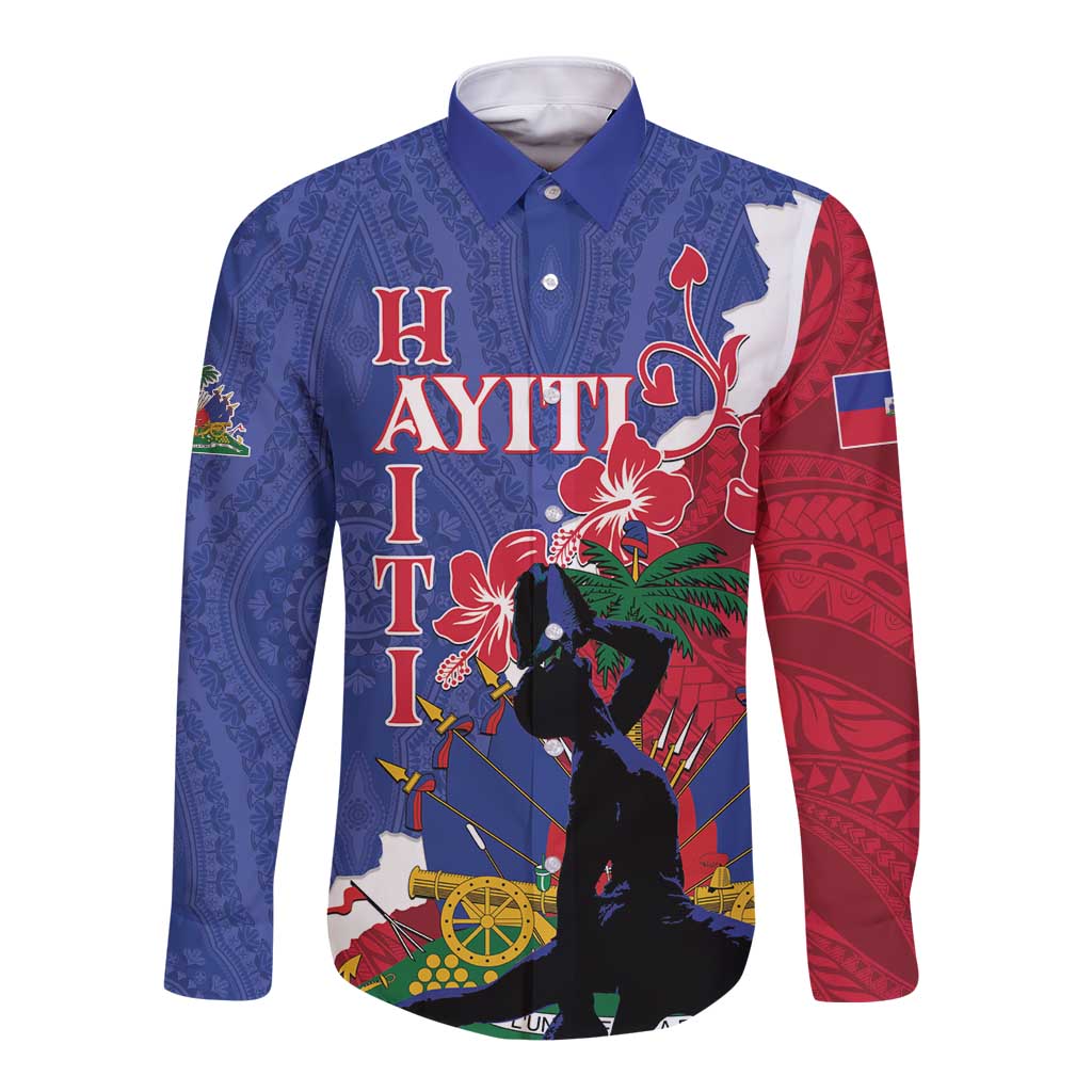 Personalised Haiti Le Marron Inconnu Long Sleeve Button Shirt Dashiki Mix Polynesian Pattern LT01 Unisex Blue - Polynesian Pride