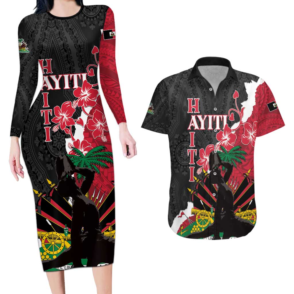 Personalised Ayiti Neg Marron Couples Matching Long Sleeve Bodycon Dress and Hawaiian Shirt Dashiki Mix Polynesian Pattern