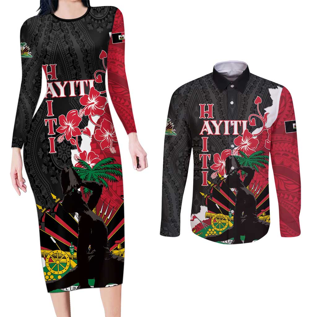 Personalised Ayiti Neg Marron Couples Matching Long Sleeve Bodycon Dress and Long Sleeve Button Shirt Dashiki Mix Polynesian Pattern