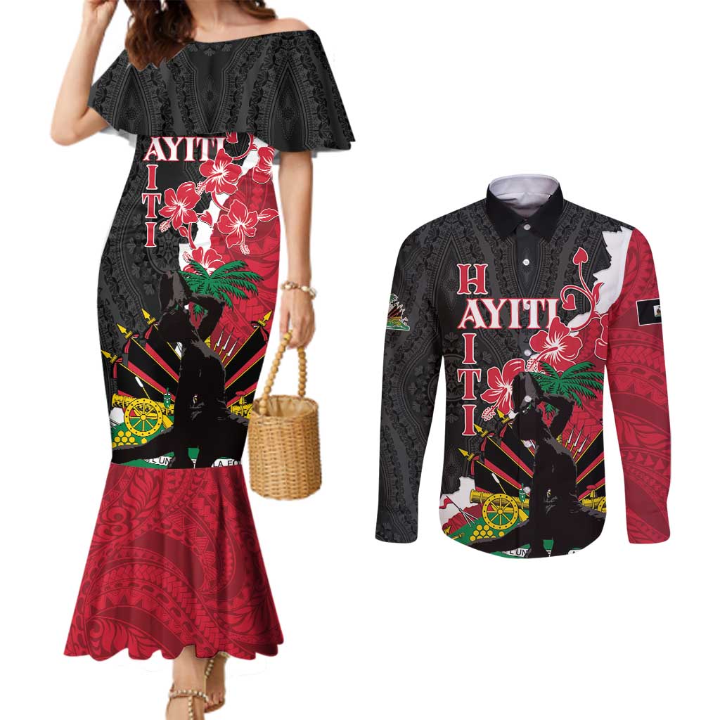 Personalised Ayiti Neg Marron Couples Matching Mermaid Dress and Long Sleeve Button Shirt Dashiki Mix Polynesian Pattern