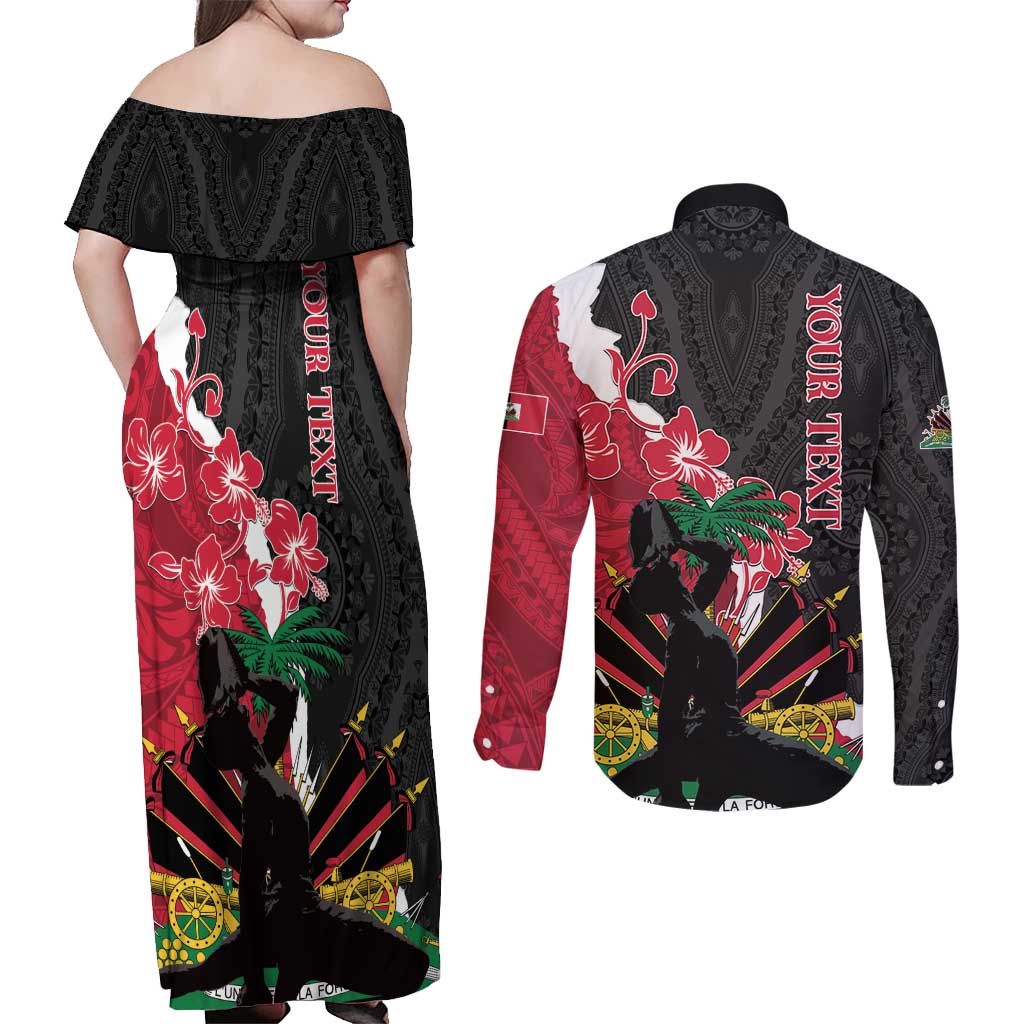 Personalised Ayiti Neg Marron Couples Matching Off Shoulder Maxi Dress and Long Sleeve Button Shirt Dashiki Mix Polynesian Pattern