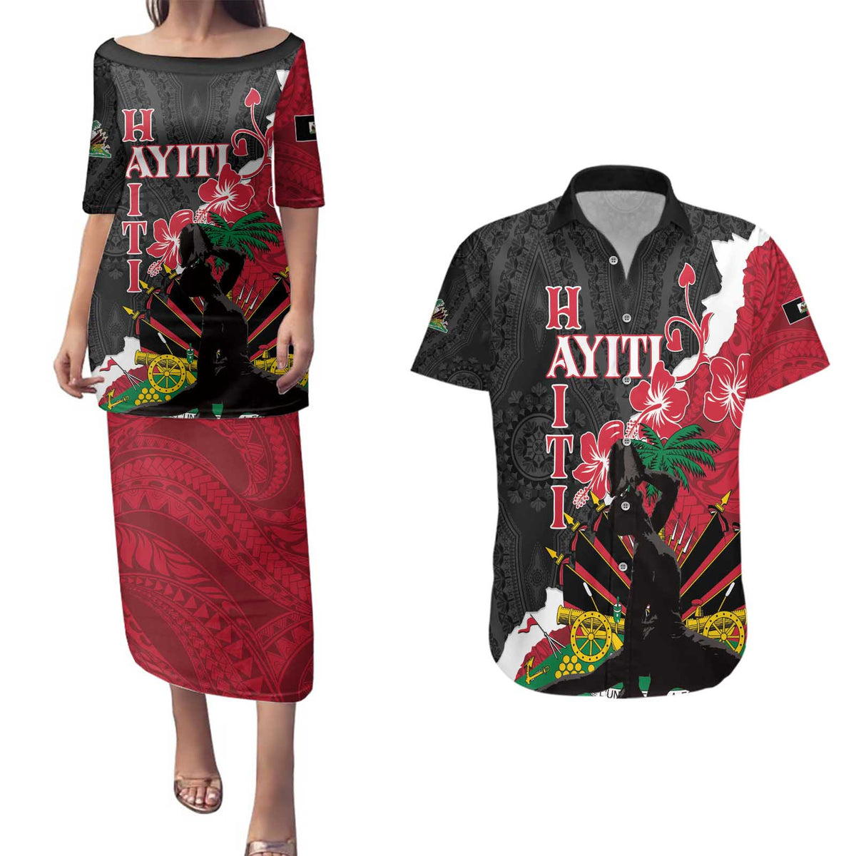 Personalised Ayiti Neg Marron Couples Matching Puletasi and Hawaiian Shirt Dashiki Mix Polynesian Pattern