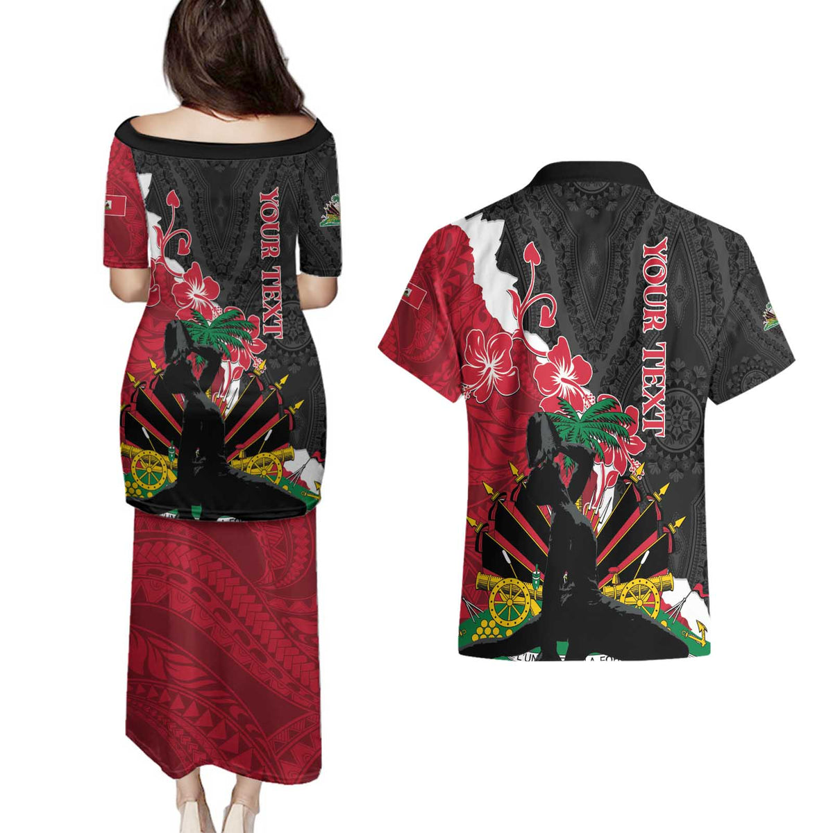 Personalised Ayiti Neg Marron Couples Matching Puletasi and Hawaiian Shirt Dashiki Mix Polynesian Pattern