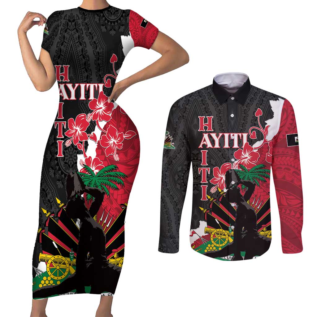 Personalised Ayiti Neg Marron Couples Matching Short Sleeve Bodycon Dress and Long Sleeve Button Shirt Dashiki Mix Polynesian Pattern