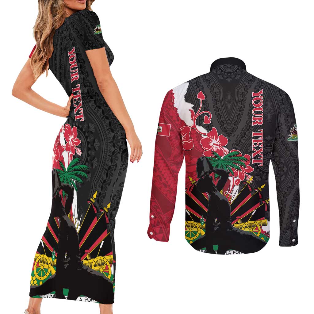 Personalised Ayiti Neg Marron Couples Matching Short Sleeve Bodycon Dress and Long Sleeve Button Shirt Dashiki Mix Polynesian Pattern