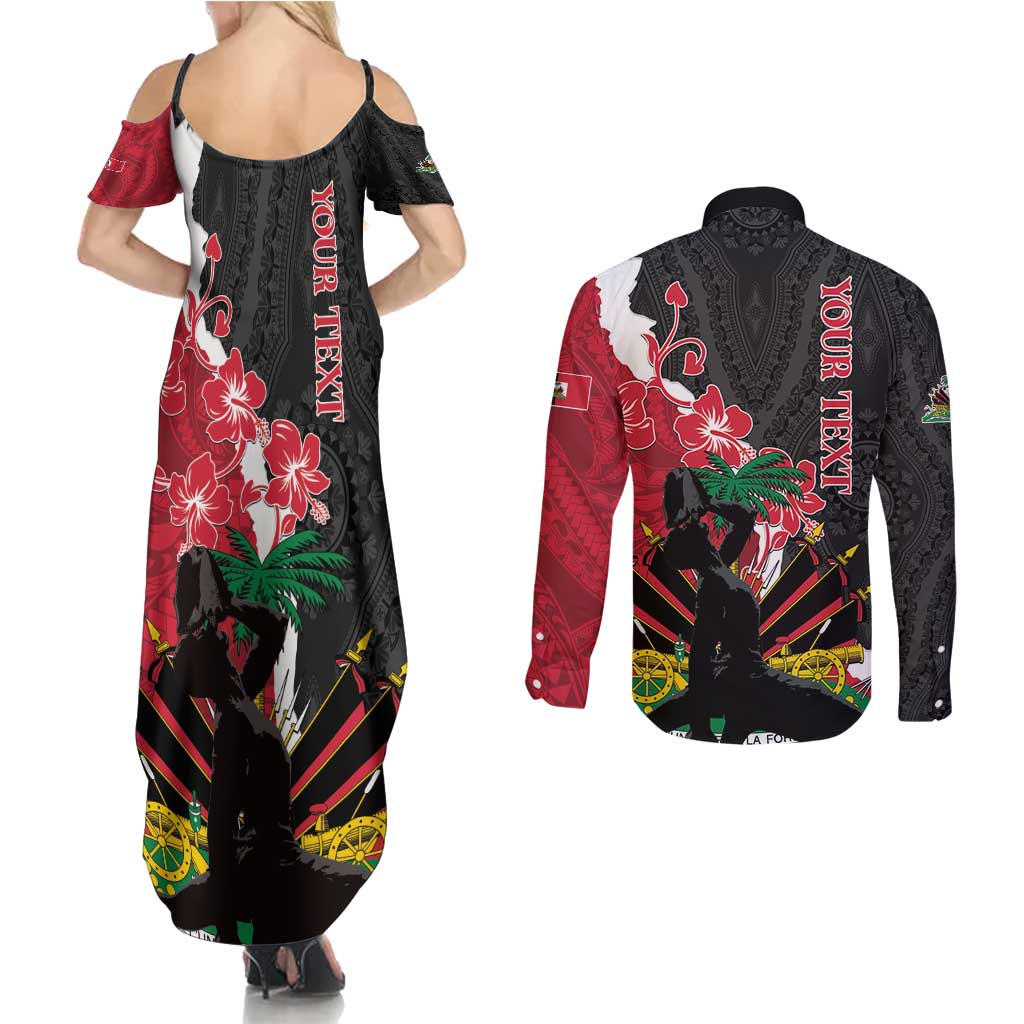Personalised Ayiti Neg Marron Couples Matching Summer Maxi Dress and Long Sleeve Button Shirt Dashiki Mix Polynesian Pattern