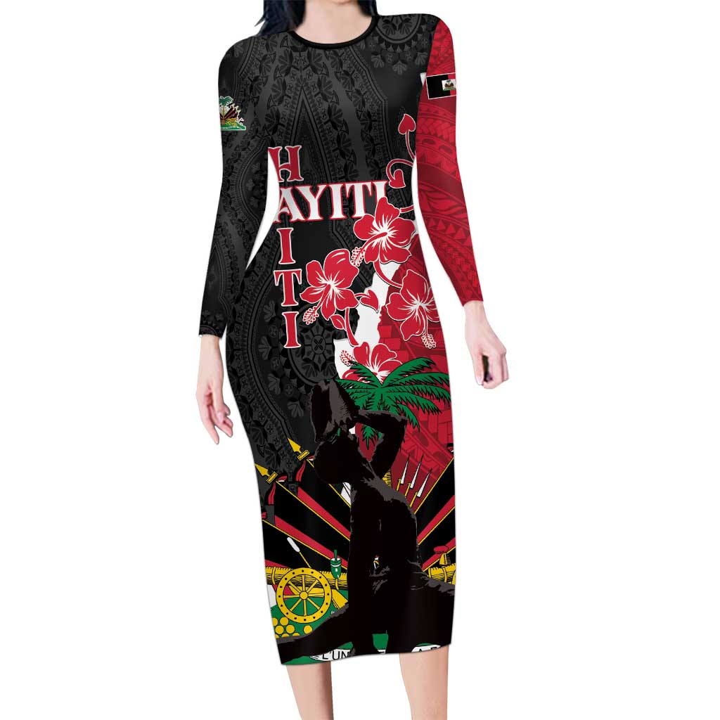 Personalised Ayiti Neg Marron Family Matching Long Sleeve Bodycon Dress and Hawaiian Shirt Dashiki Mix Polynesian Pattern LT01 Mom's Dress Black - Polynesian Pride