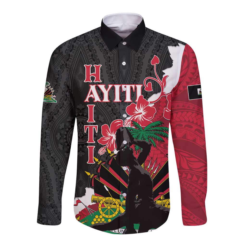 Personalised Ayiti Neg Marron Long Sleeve Button Shirt Dashiki Mix Polynesian Pattern LT01 Unisex Black - Polynesian Pride