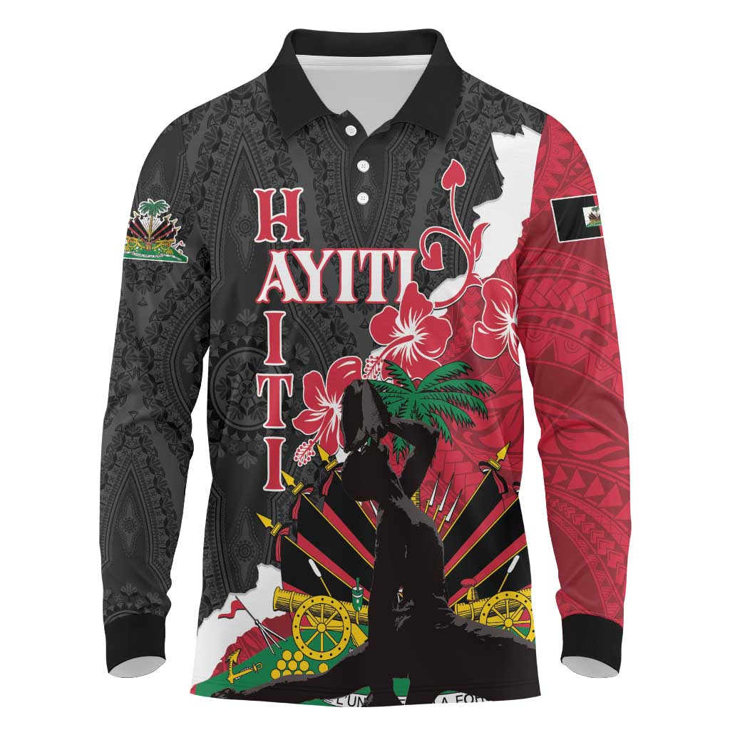 Personalised Ayiti Neg Marron Long Sleeve Polo Shirt Dashiki Mix Polynesian Pattern LT01 Black - Polynesian Pride