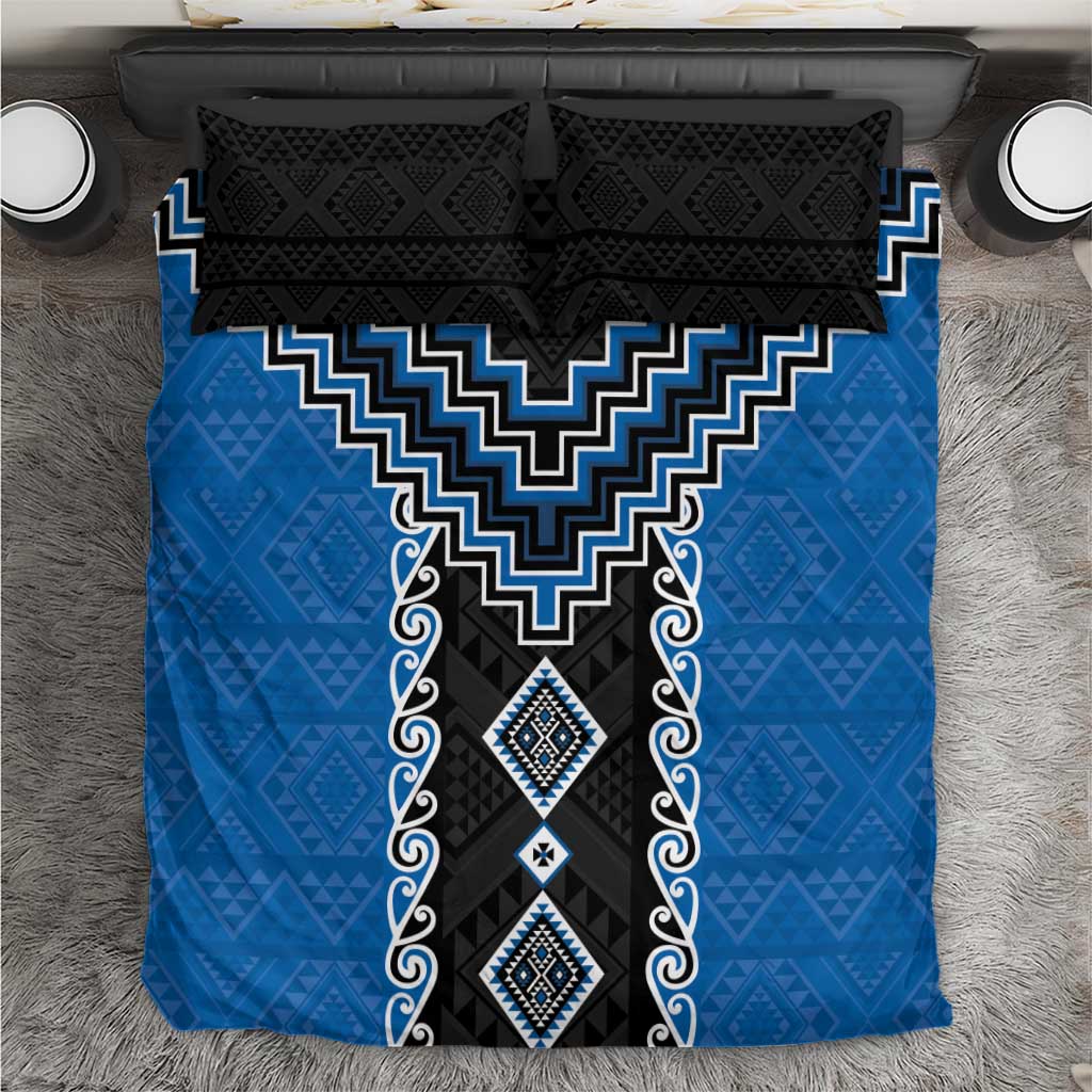 Blue Niho Taniwha Mix Poutama Bedding Set Unique Taniko Aotearoa