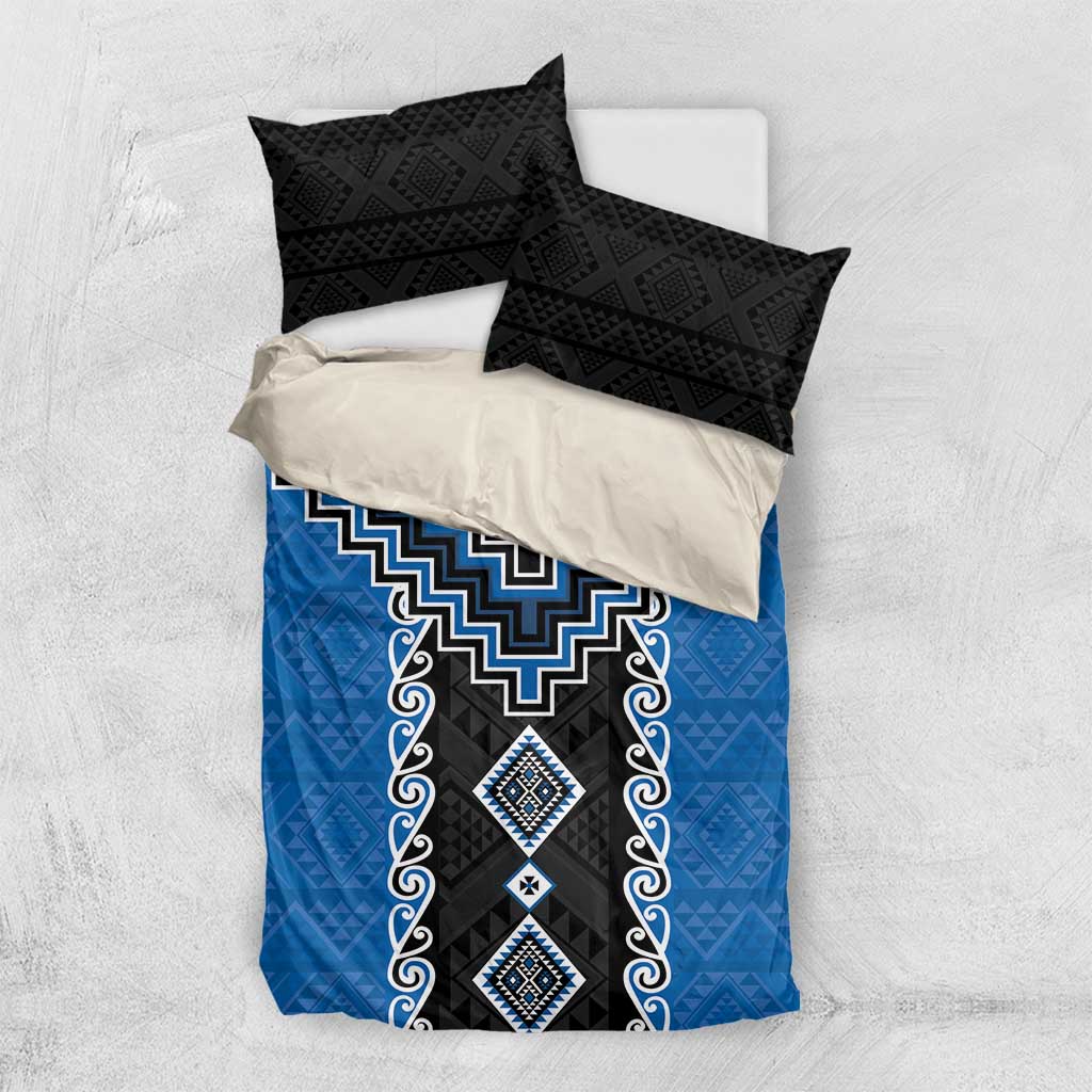 Blue Niho Taniwha Mix Poutama Bedding Set Unique Taniko Aotearoa