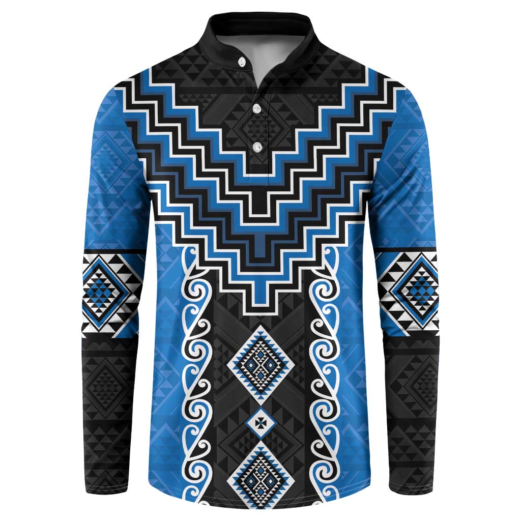 Blue Niho Taniwha Mix Poutama Button Sweatshirt Unique Taniko Aotearoa LT01 Blue - Polynesian Pride
