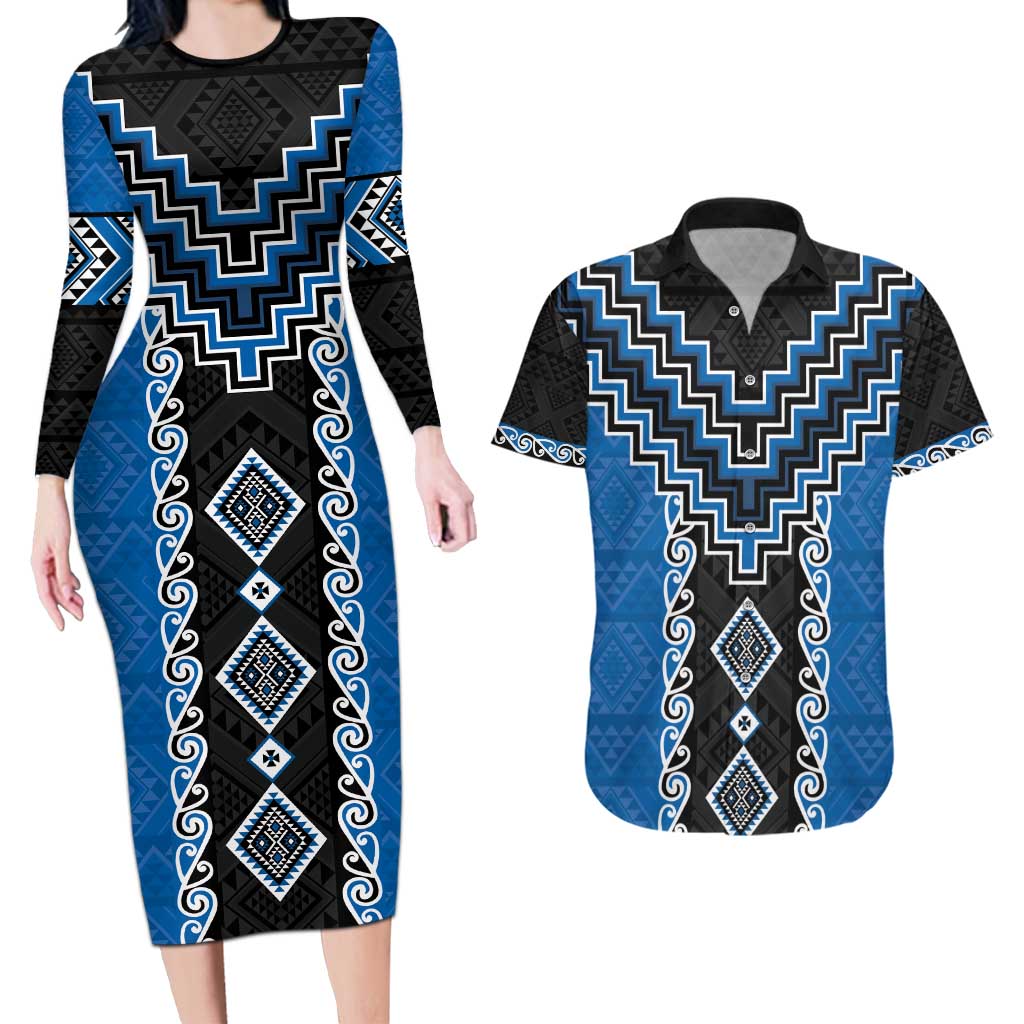 Blue Niho Taniwha Mix Poutama Couples Matching Long Sleeve Bodycon Dress and Hawaiian Shirt Unique Taniko Aotearoa LT01 Blue - Polynesian Pride