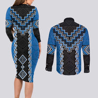 Blue Niho Taniwha Mix Poutama Couples Matching Long Sleeve Bodycon Dress and Long Sleeve Button Shirt Unique Taniko Aotearoa LT01 - Polynesian Pride