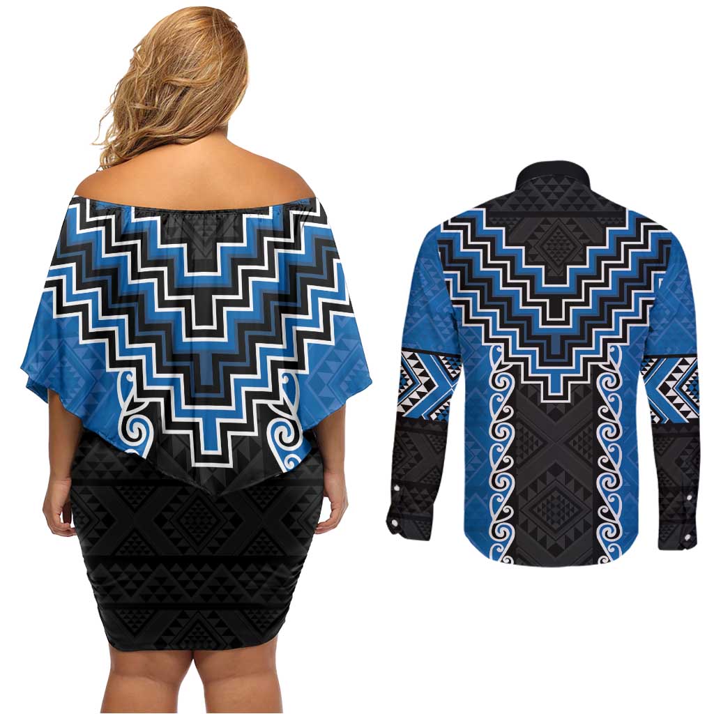 Blue Niho Taniwha Mix Poutama Couples Matching Off Shoulder Short Dress and Long Sleeve Button Shirt Unique Taniko Aotearoa