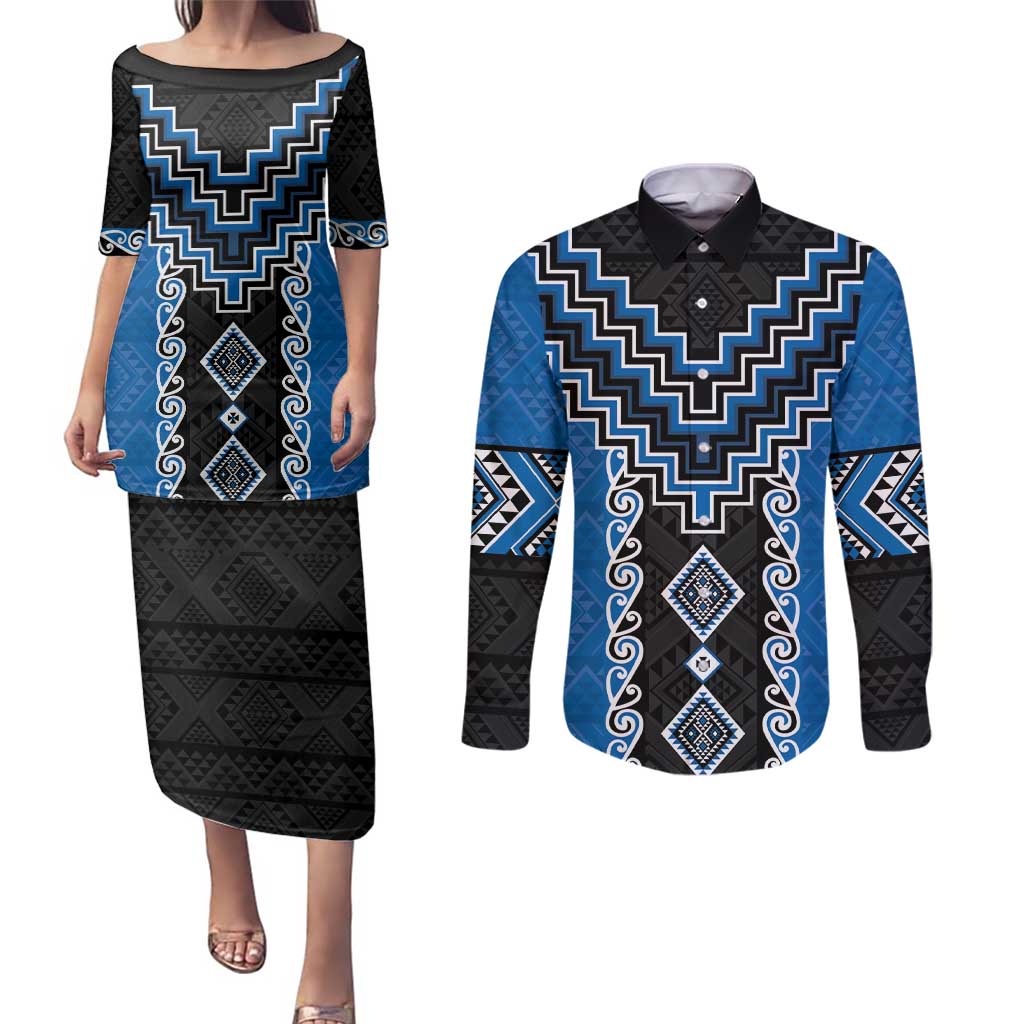Blue Niho Taniwha Mix Poutama Couples Matching Puletasi and Long Sleeve Button Shirt Unique Taniko Aotearoa