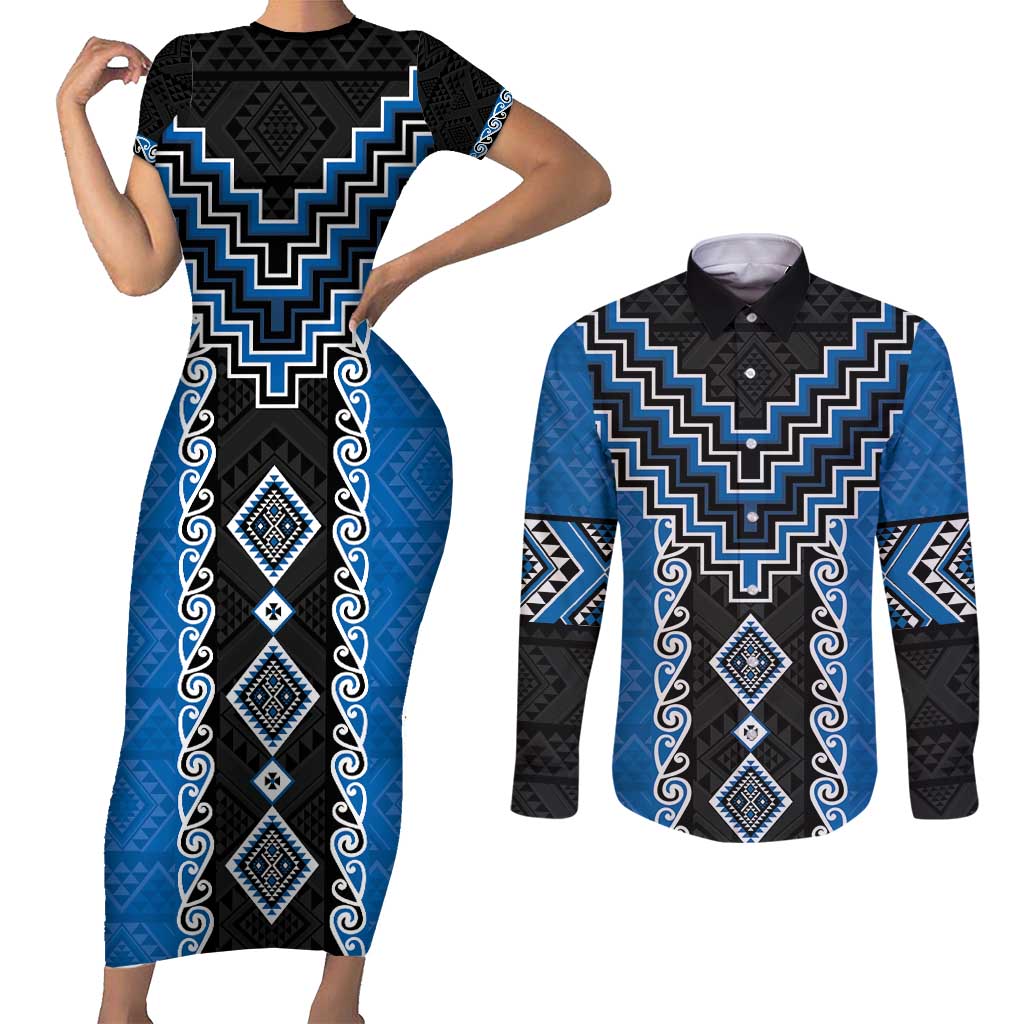 Blue Niho Taniwha Mix Poutama Couples Matching Short Sleeve Bodycon Dress and Long Sleeve Button Shirt Unique Taniko Aotearoa LT01 Blue - Polynesian Pride