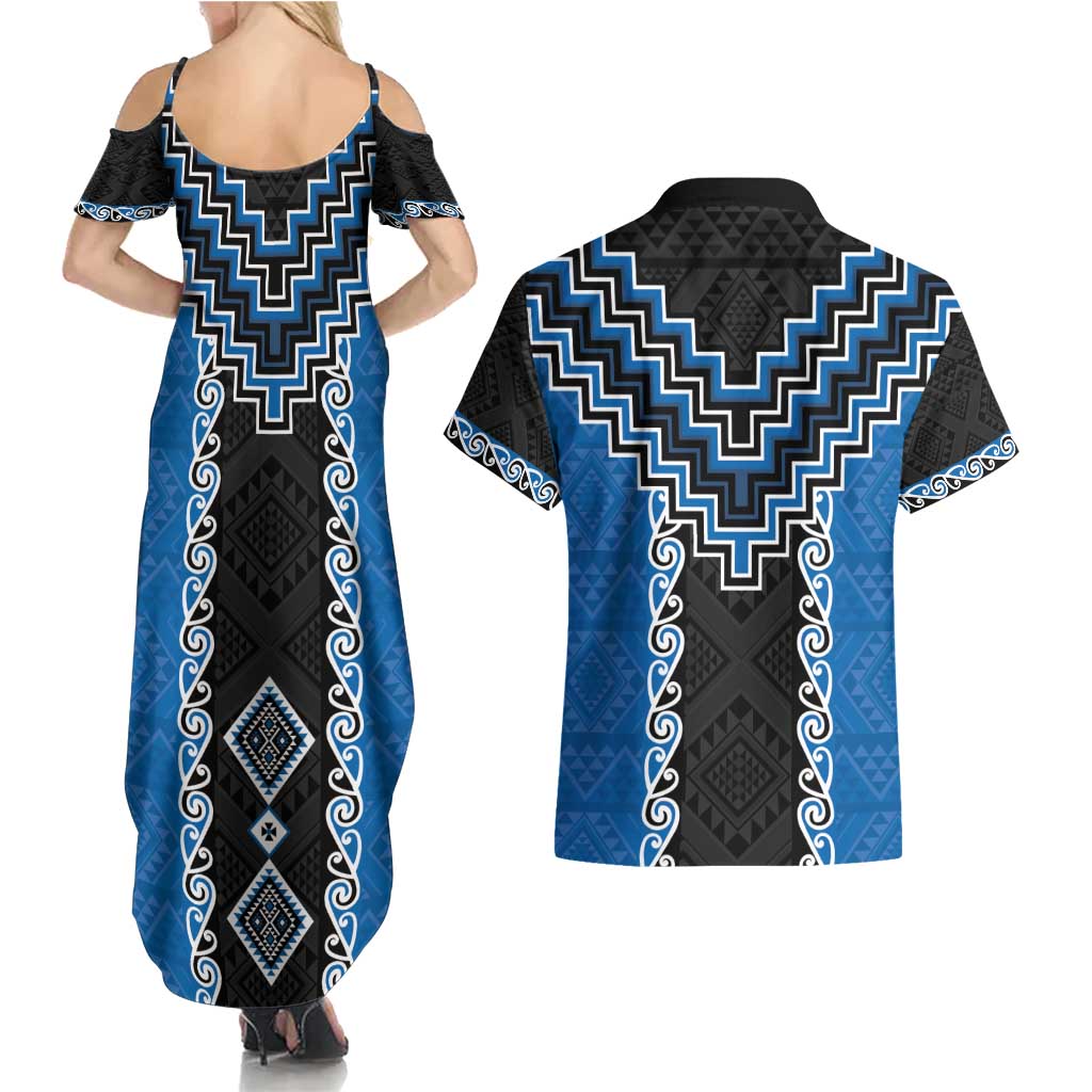 Blue Niho Taniwha Mix Poutama Couples Matching Summer Maxi Dress and Hawaiian Shirt Unique Taniko Aotearoa LT01 - Polynesian Pride