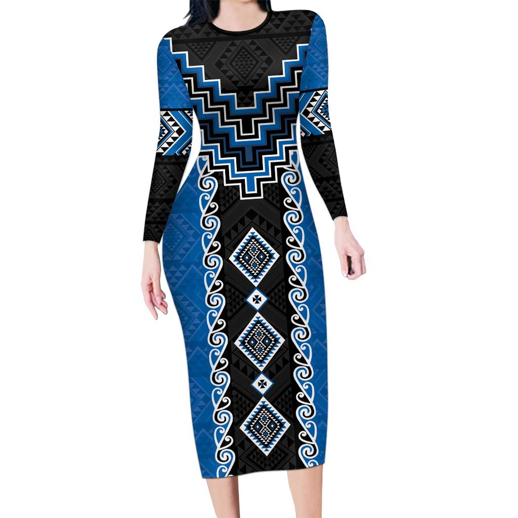 Blue Niho Taniwha Mix Poutama Family Matching Long Sleeve Bodycon Dress and Hawaiian Shirt Unique Taniko Aotearoa
