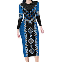 Blue Niho Taniwha Mix Poutama Family Matching Long Sleeve Bodycon Dress and Hawaiian Shirt Unique Taniko Aotearoa