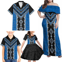 Blue Niho Taniwha Mix Poutama Family Matching Off Shoulder Maxi Dress and Hawaiian Shirt Unique Taniko Aotearoa LT01 - Polynesian Pride