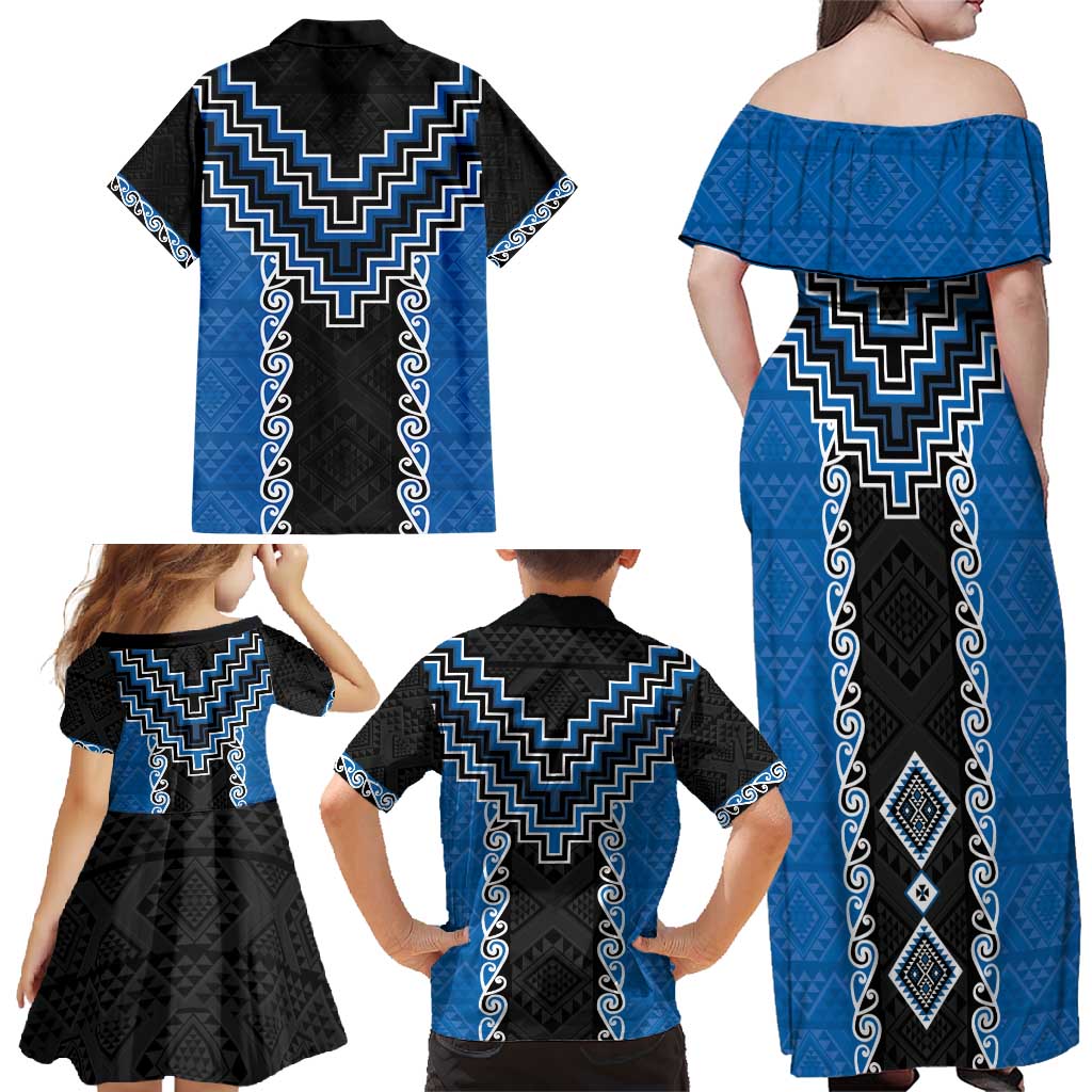 Blue Niho Taniwha Mix Poutama Family Matching Off Shoulder Maxi Dress and Hawaiian Shirt Unique Taniko Aotearoa LT01 - Polynesian Pride