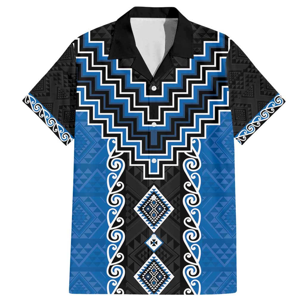 Blue Niho Taniwha Mix Poutama Family Matching Off Shoulder Maxi Dress and Hawaiian Shirt Unique Taniko Aotearoa LT01 Dad's Shirt - Short Sleeve Blue - Polynesian Pride