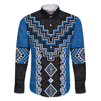 Blue Niho Taniwha Mix Poutama Family Matching Off Shoulder Maxi Dress and Hawaiian Shirt Unique Taniko Aotearoa LT01 Dad's Shirt - Long Sleeve Blue - Polynesian Pride