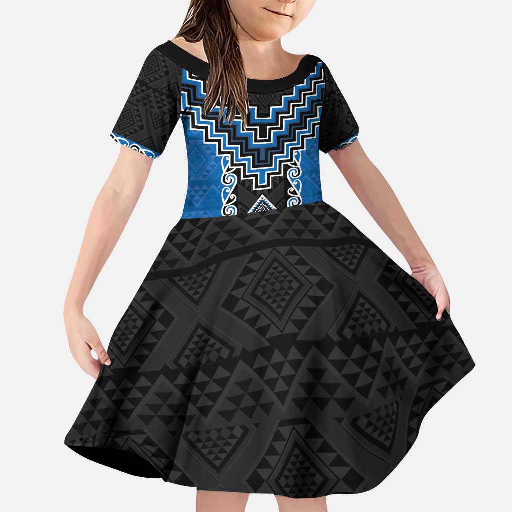 Blue Niho Taniwha Mix Poutama Family Matching Puletasi and Hawaiian Shirt Unique Taniko Aotearoa LT01 Daughter's Dress Blue - Polynesian Pride