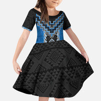Blue Niho Taniwha Mix Poutama Family Matching Puletasi and Hawaiian Shirt Unique Taniko Aotearoa LT01 Daughter's Dress Blue - Polynesian Pride