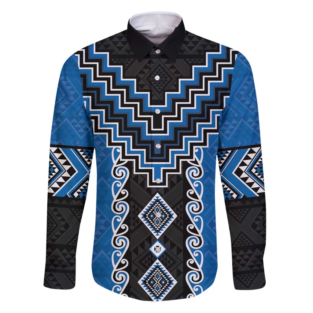 Blue Niho Taniwha Mix Poutama Family Matching Puletasi and Hawaiian Shirt Unique Taniko Aotearoa LT01 Dad's Shirt - Long Sleeve Blue - Polynesian Pride