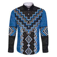 Blue Niho Taniwha Mix Poutama Family Matching Puletasi and Hawaiian Shirt Unique Taniko Aotearoa LT01 Dad's Shirt - Long Sleeve Blue - Polynesian Pride