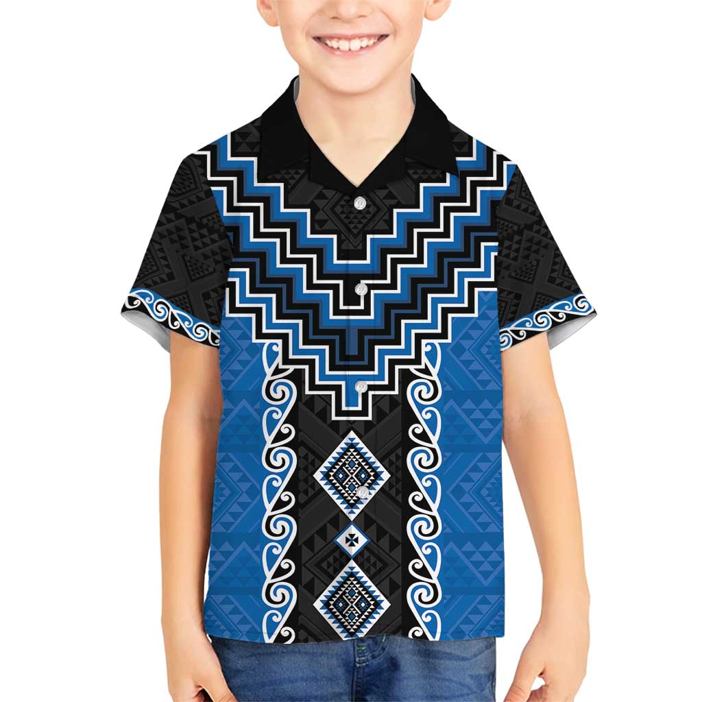 Blue Niho Taniwha Mix Poutama Family Matching Puletasi and Hawaiian Shirt Unique Taniko Aotearoa LT01 Son's Shirt Blue - Polynesian Pride