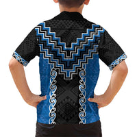 Blue Niho Taniwha Mix Poutama Family Matching Short Sleeve Bodycon Dress and Hawaiian Shirt Unique Taniko Aotearoa
