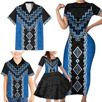 Blue Niho Taniwha Mix Poutama Family Matching Short Sleeve Bodycon Dress and Hawaiian Shirt Unique Taniko Aotearoa